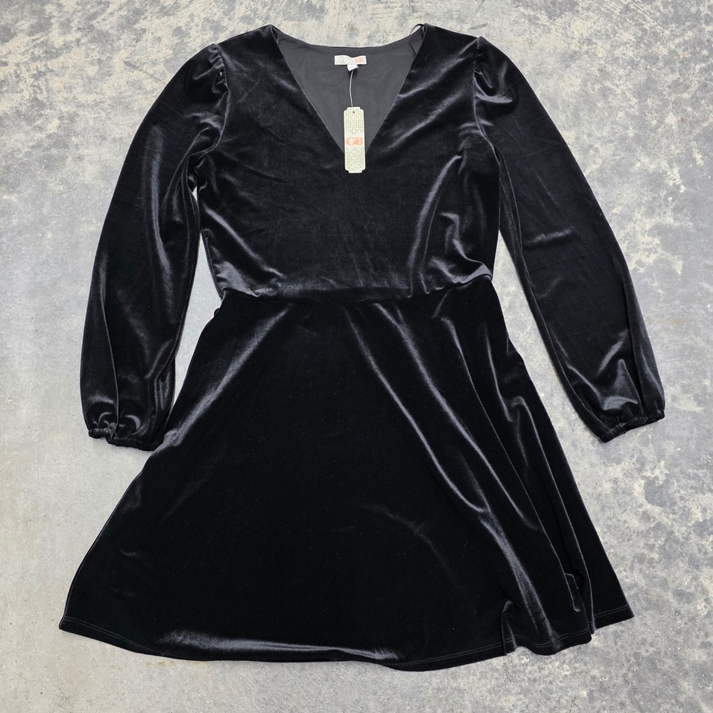 NWT Giani Bernini Black Velvet V-Neck Long Sleeve Fit & Flare Cocktail Dress